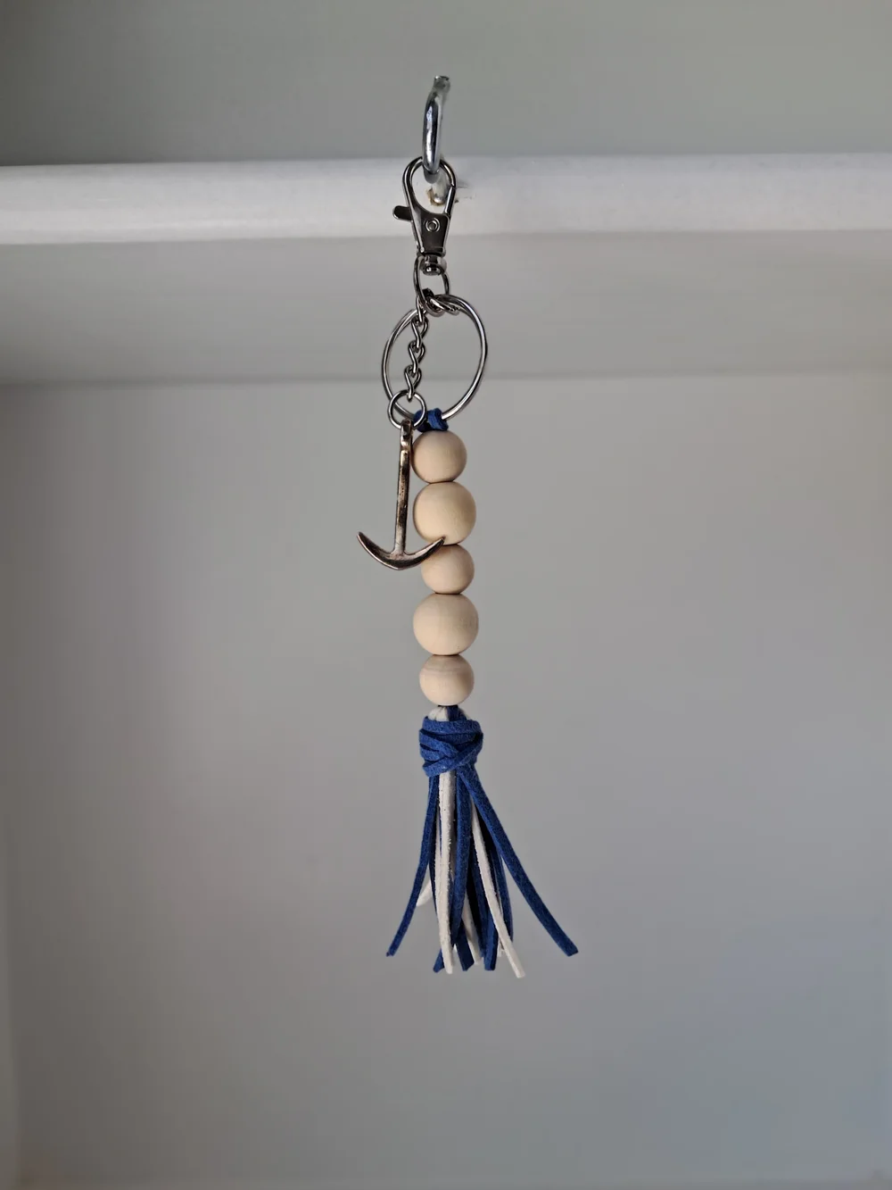 Handmade Navy & Natural Bead Tassel Keychain with Anchor Charm